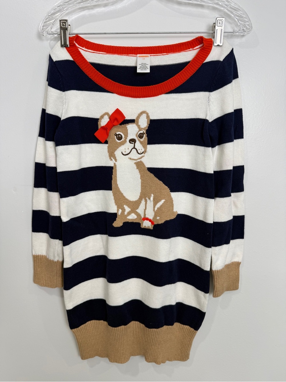 Gymboree Navy & White Striped Sweater with Dog Intarsia and Red Trim